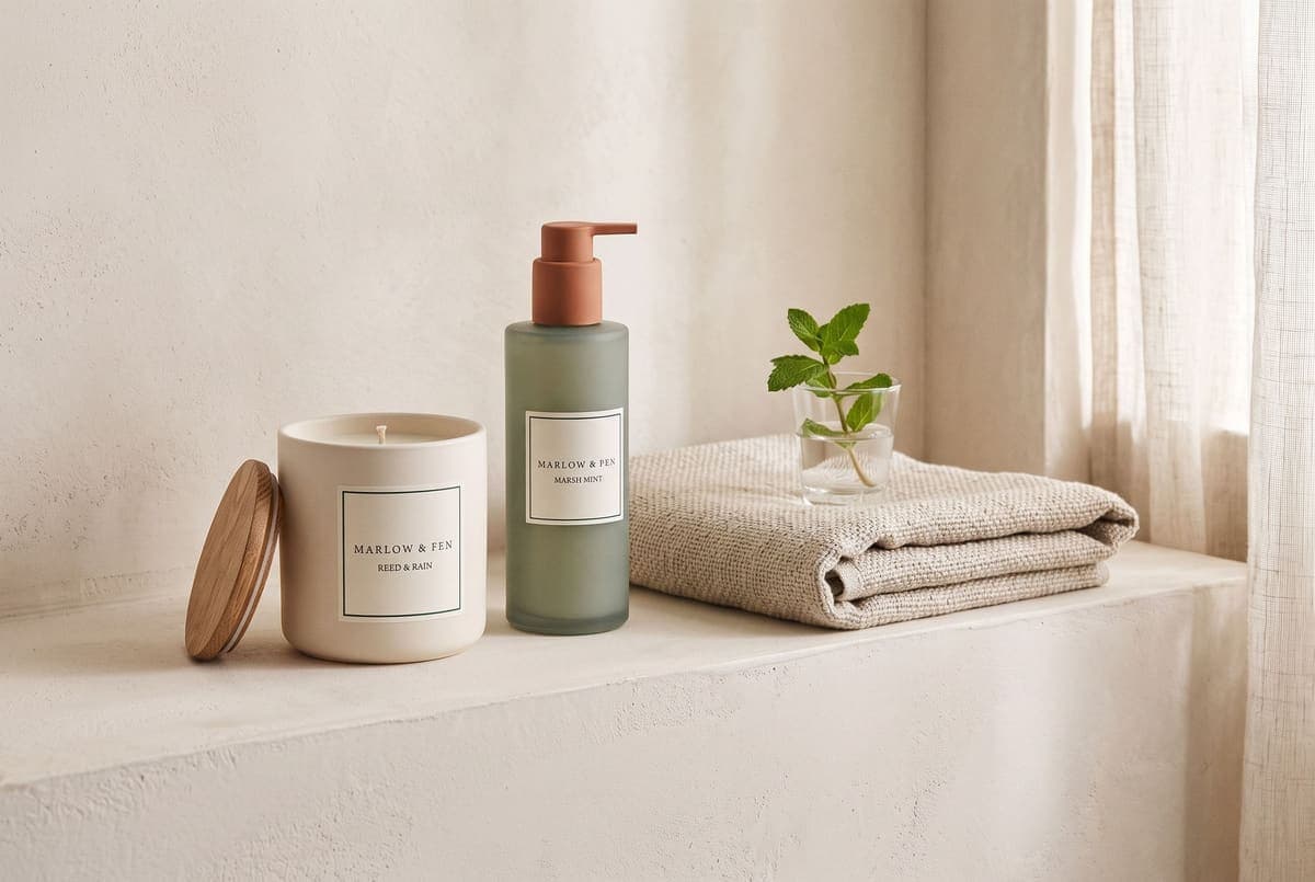 Marlow & Fen candle and body wash on a sunlit shelf beside folded linen and mint