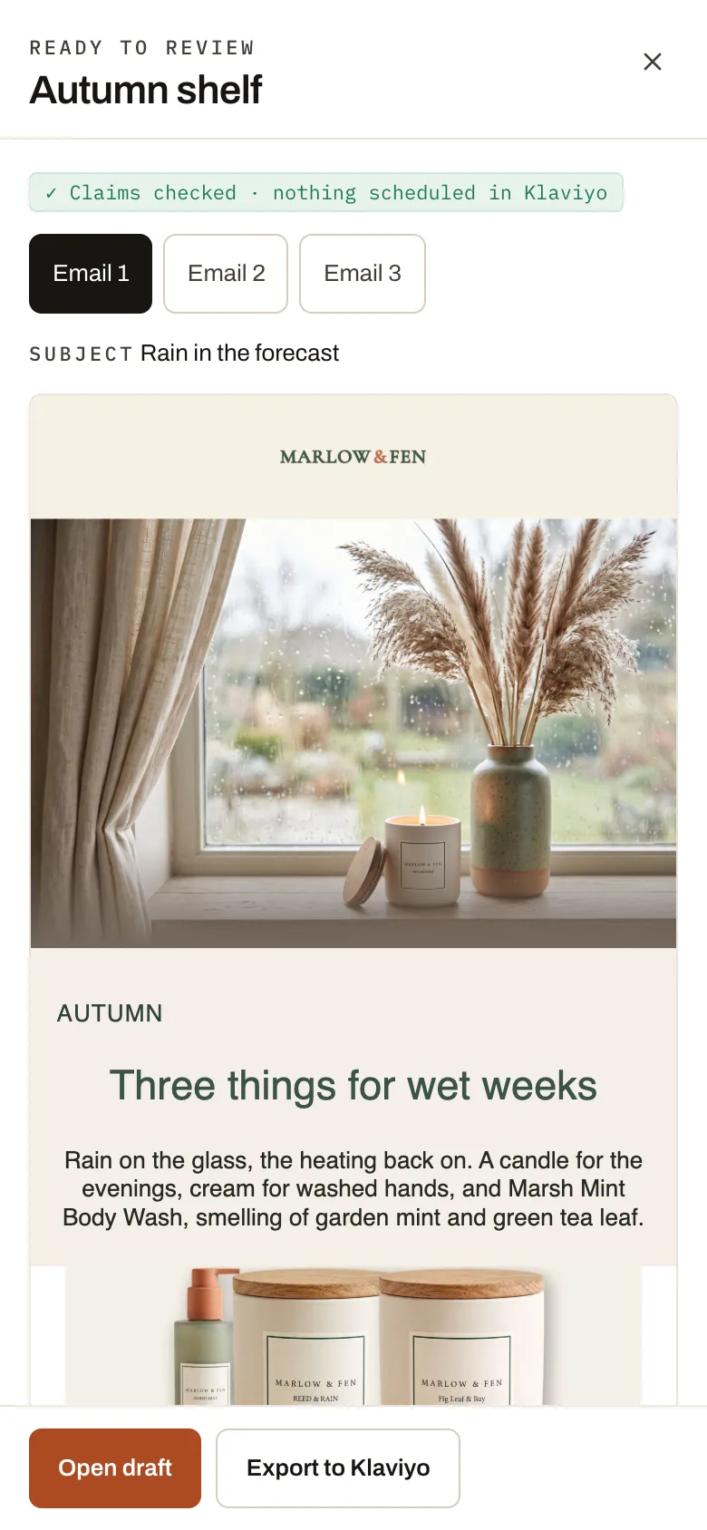 Autumn shelf ready campaign with three email tabs and export action on phone
