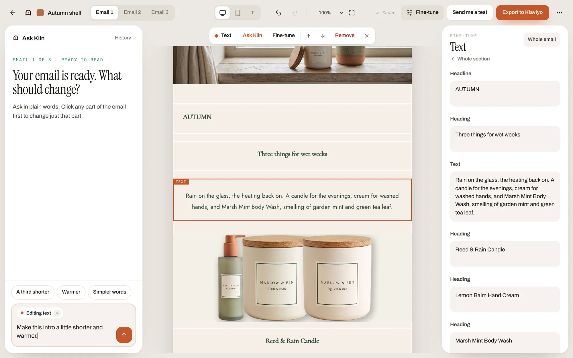 Selected email text block with Ask Kiln instruction to make the intro shorter and warmer
