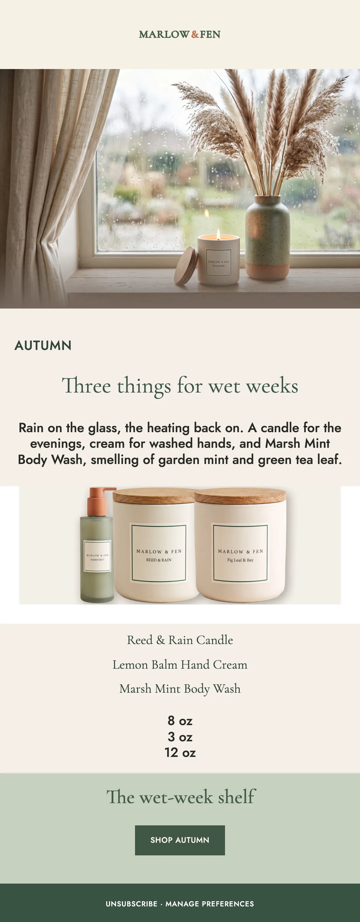 Rain in the forecast: full generated Marlow & Fen email, desktop render