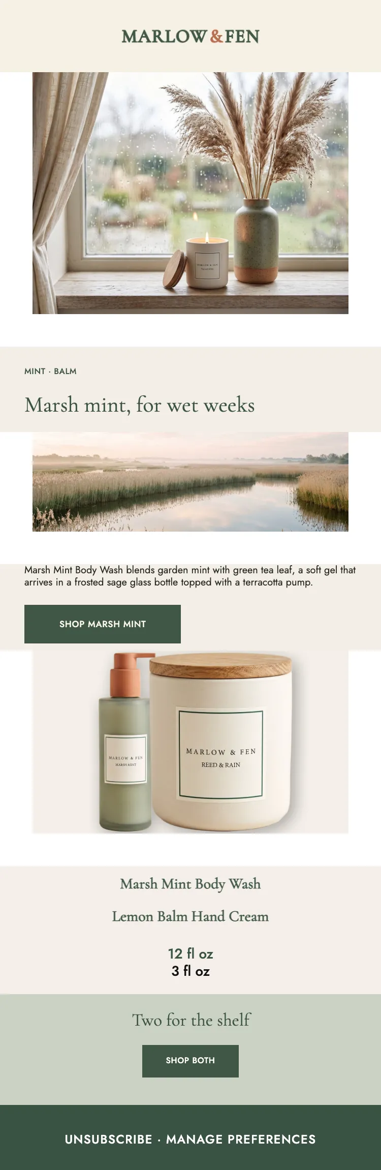 Marsh Mint, for the rain: full generated Marlow & Fen email, phone render
