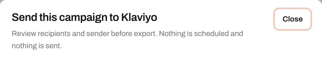 Klaviyo export dialog: review recipients and sender; nothing is scheduled and nothing is sent
